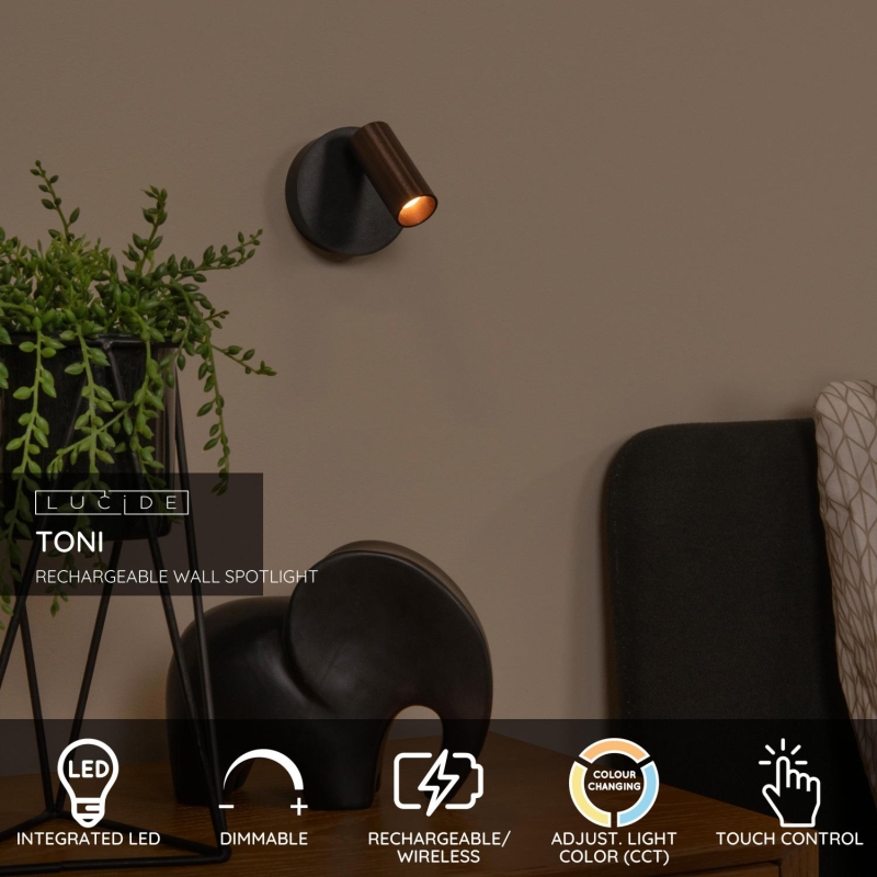 Lucide TONI - Rechargeable Wall spotlight / Wall light - Battery pack - Ø 8,1 cm - LED Dim. - CCT - 1x2W 2700K/4000K - Magnetic - Coffee